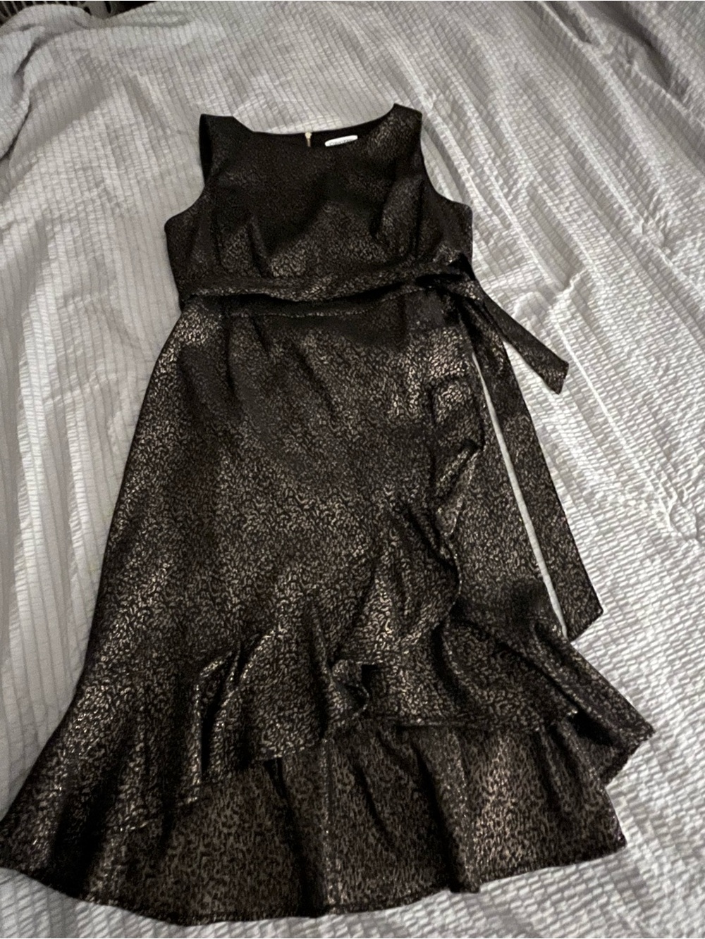 Calvin Klein Size 12 Black Gold Metallic Ruffle Midi Dress
